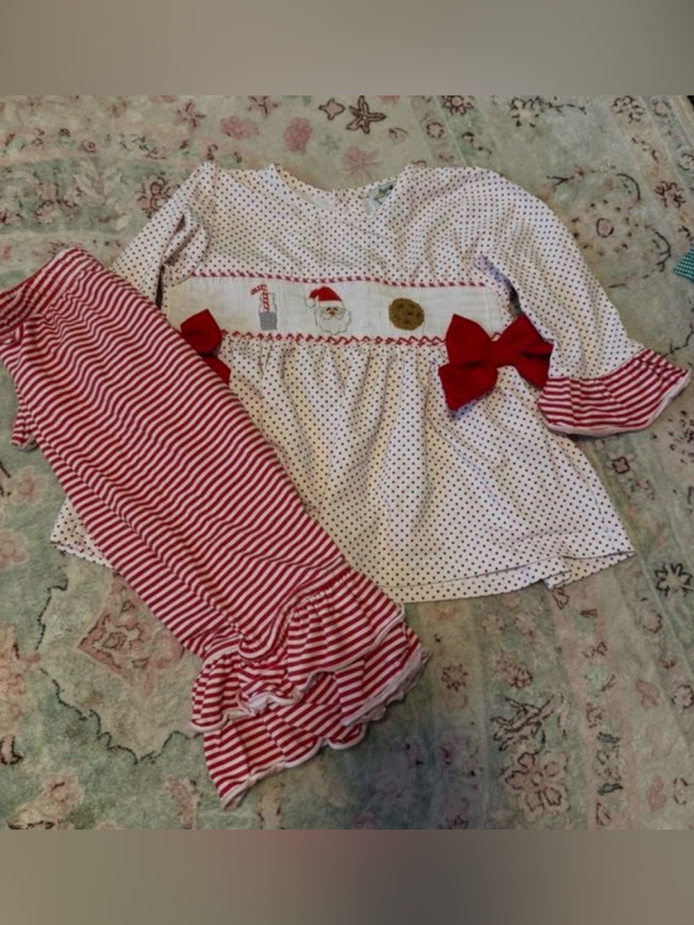 Girls Red & White Smocked Christmas Top with Striped Pants